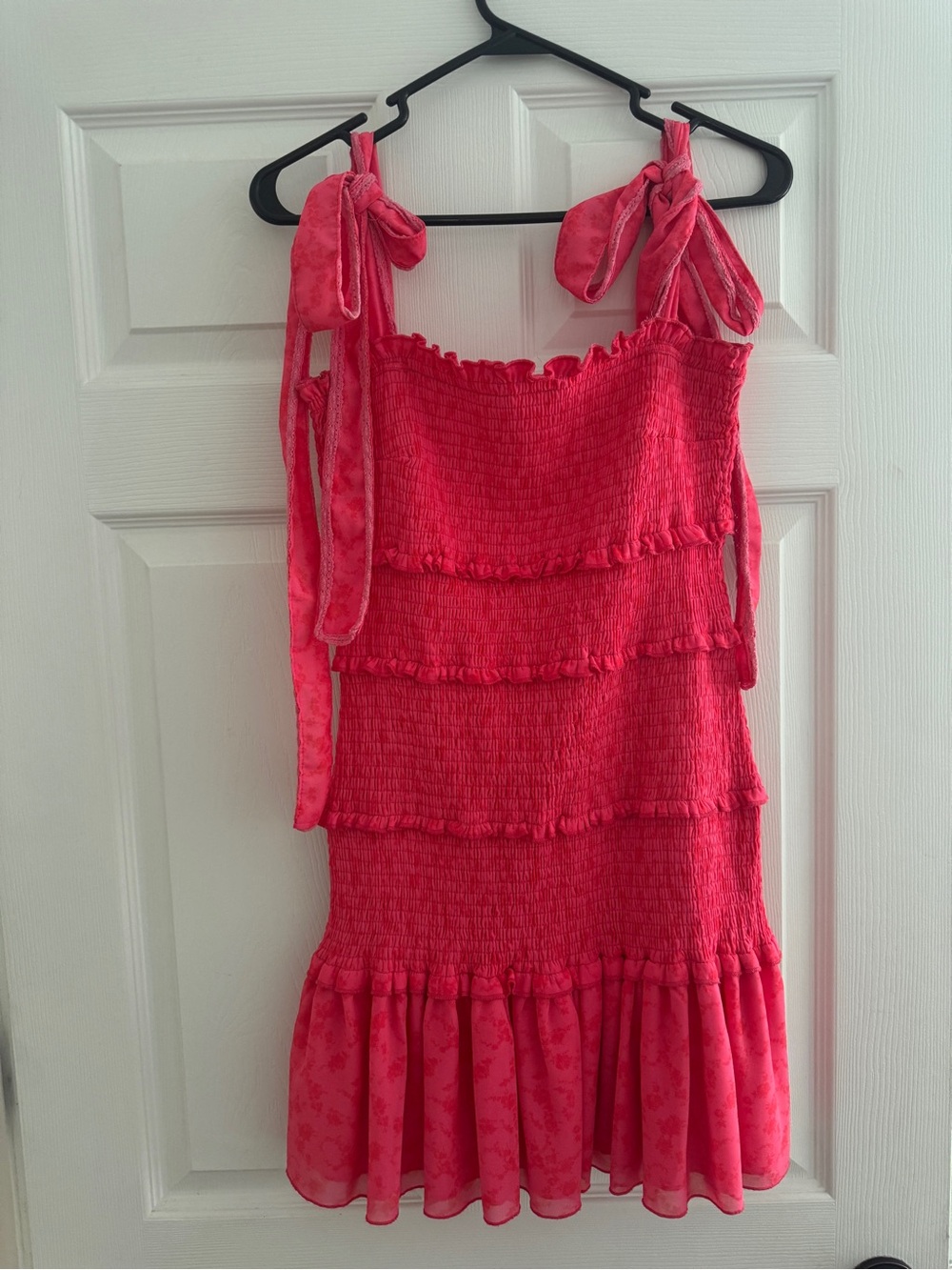 Pink Tie-Shoulder Smocked Ruffle Mini Dress